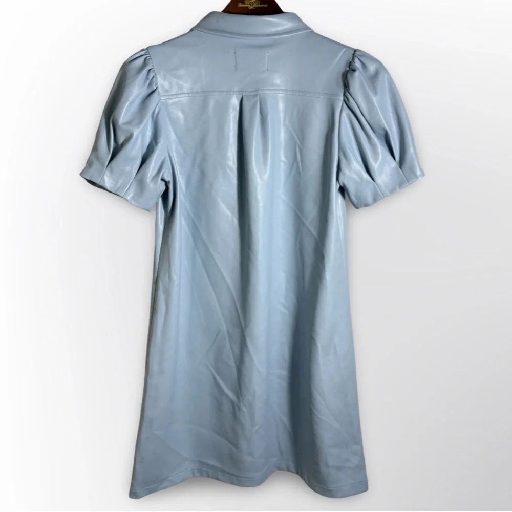 Dolce Cabo Powder Blue Faux Leather Dress Women’s Small Puff Sleeve Shift - Picture 2 of 4